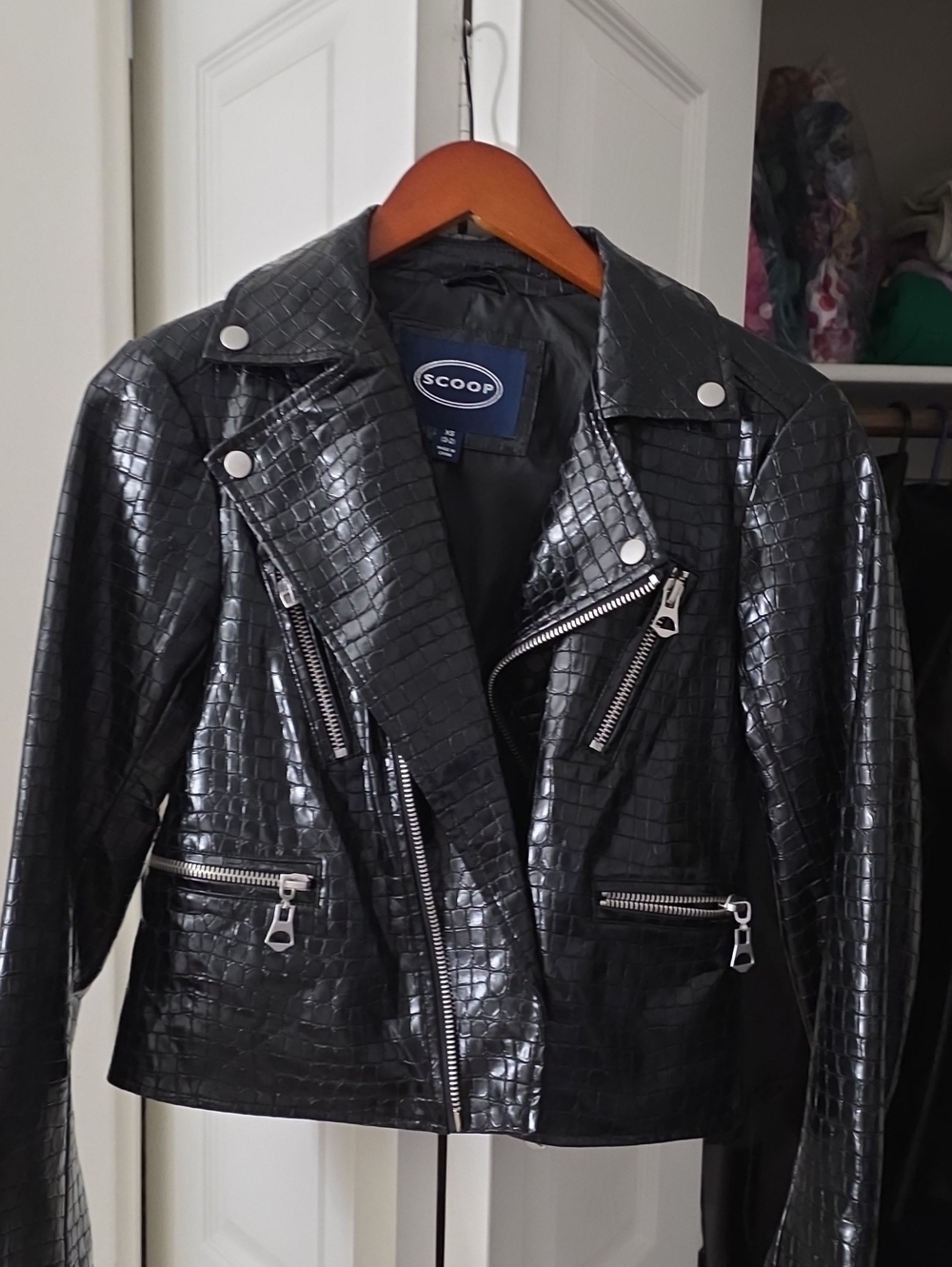 Scoop Black Croc-Embossed Leather Moto Jacket